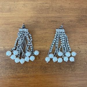 Silver faux pearl chain drop earrings